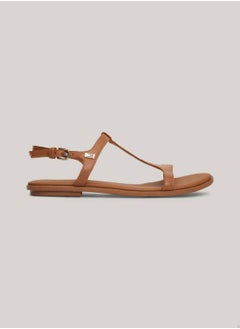 TOMMY HILFIGER Women's Leather Enamel Flag Flat Sandals -  Leather upper, Brown  - Image 1