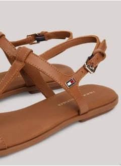 TOMMY HILFIGER Women's Leather Enamel Flag Flat Sandals -  Leather upper, Brown  - Image 4