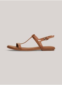 TOMMY HILFIGER Women's Leather Enamel Flag Flat Sandals -  Leather upper, Brown  - Image 5