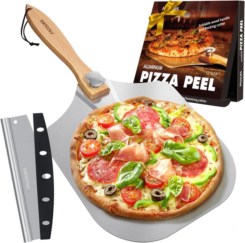 Mooues Aluminum Pizza Peel, 12 x 14 Inch Pizza Paddle with Pizza Cutter, Foldable Wooden Handle Pizza Shovel, Pizza Oven Accessories Set for Dough, Bread, Cakes, Professional Gift for Family, Chef - Image 1