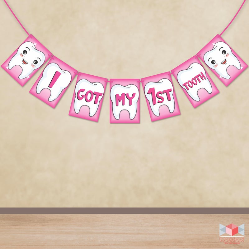 WOBBOX First Tooth Pink 13 Pcs Party Props with I Got My 1st Tooth Bunting Banner, Pink Colour Stylish Font & Balloons & Foil Curtain, First Tooth Decoration - Image 4