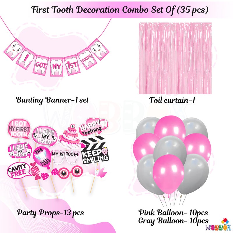 WOBBOX First Tooth Pink 13 Pcs Party Props with I Got My 1st Tooth Bunting Banner, Pink Colour Stylish Font & Balloons & Foil Curtain, First Tooth Decoration - Image 2