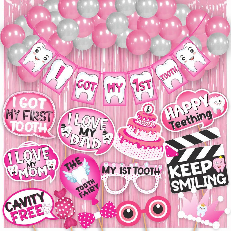 WOBBOX First Tooth Pink 13 Pcs Party Props with I Got My 1st Tooth Bunting Banner, Pink Colour Stylish Font & Balloons & Foil Curtain, First Tooth Decoration - Image 1