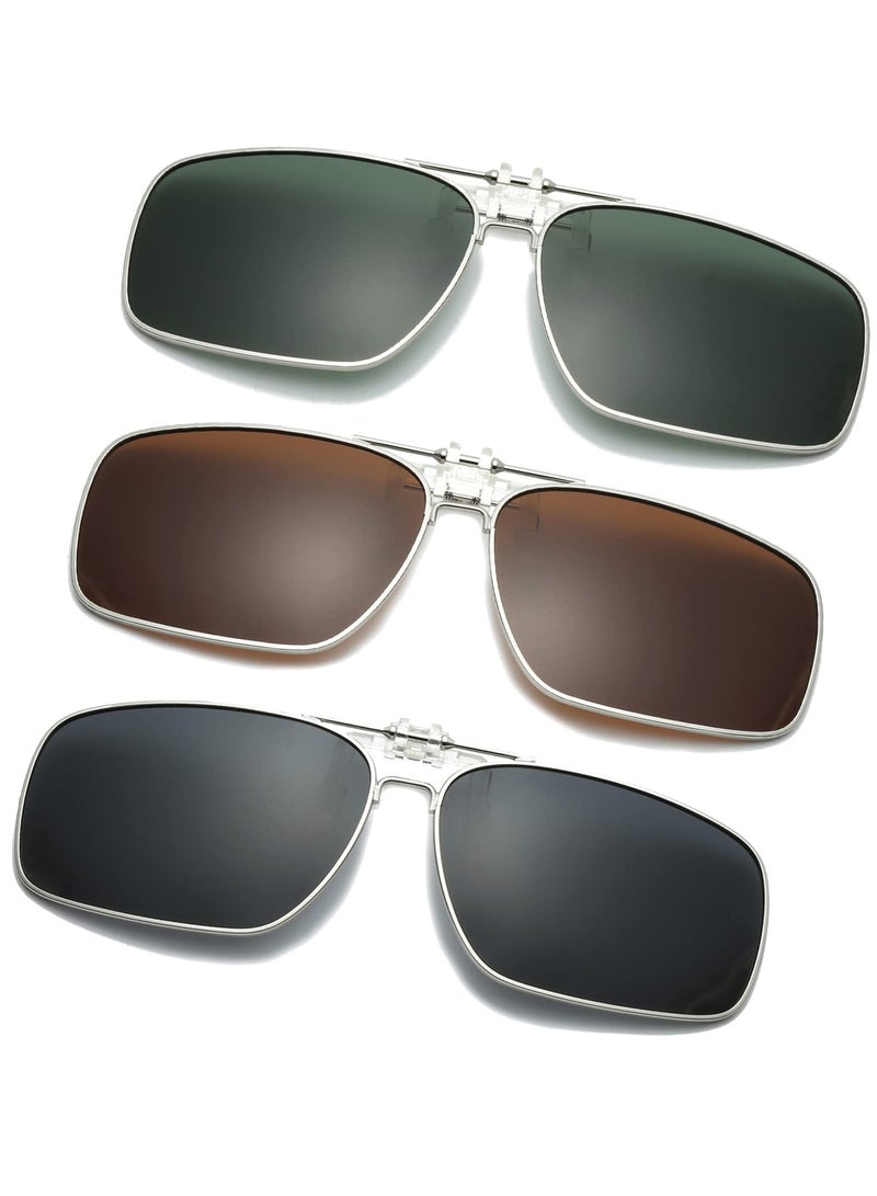 KASTWAVE 3 Pack Clip on Flip up Polarized Lens Sunglasses for Prescription Glasses for Men and Women, UV Protection Eyewear for Fashion, Driving, Fishing, and Outdoor Sports(Dark Green + Brown + Grey) - Image 1