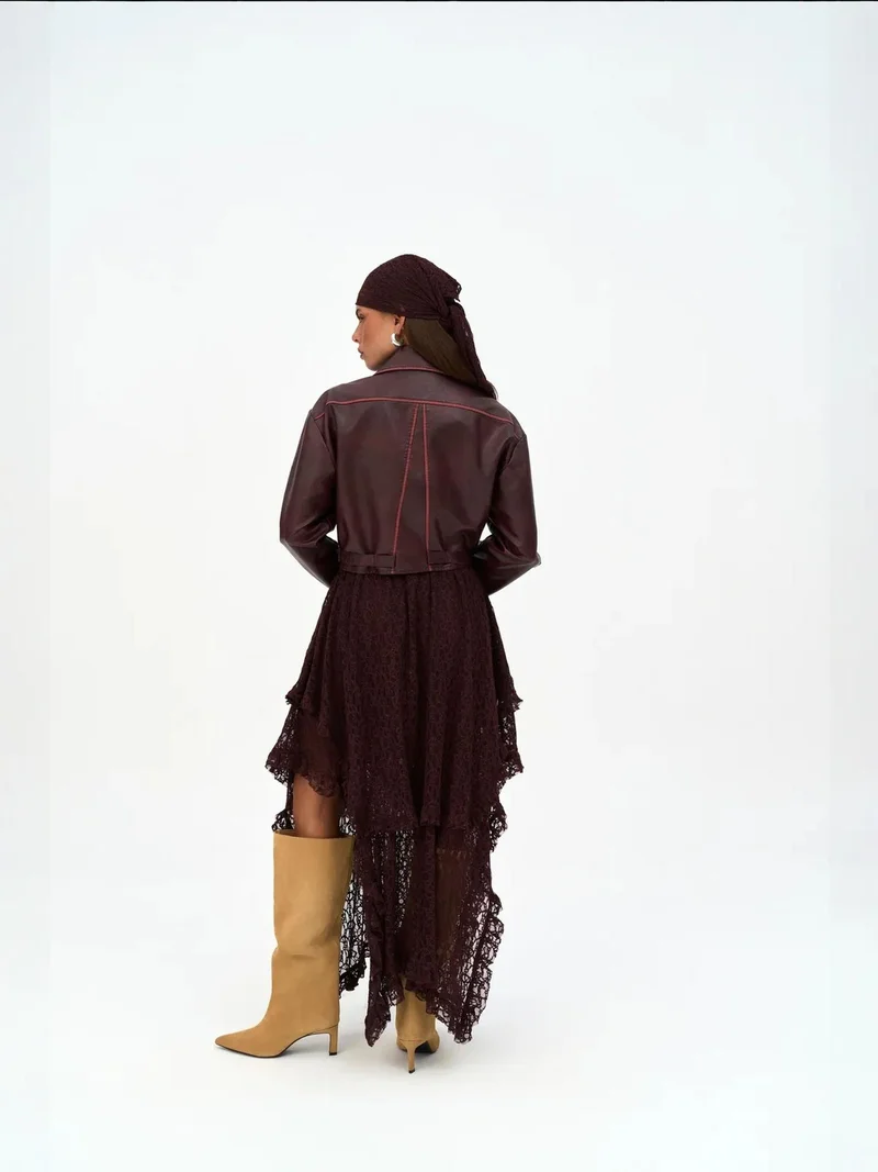 Mai Collection Burgundy Red MAI STUDIOS Carnas Faux Leather Jacket for Women | Best Price UAE