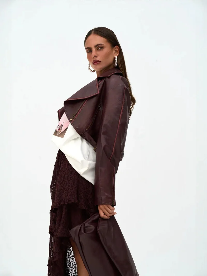 Mai Collection Burgundy Red MAI STUDIOS Carnas Faux Leather Jacket for Women | Best Price UAE