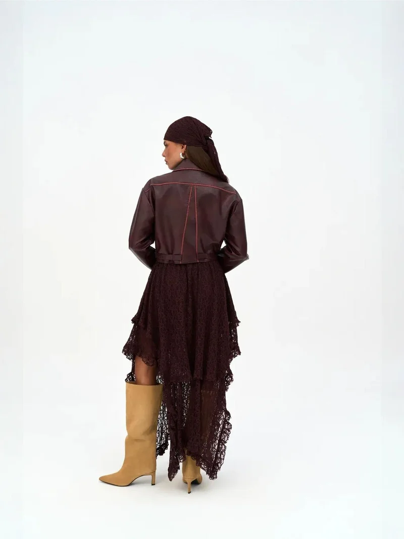 Mai Collection Burgundy Red MAI STUDIOS Carnas Faux Leather Jacket for Women | Best Price UAE