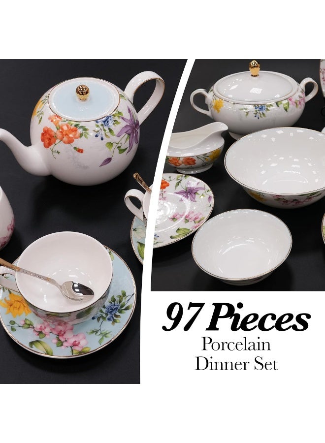 BS B&S Porcelain Round Dinnerware Set | 97PCS Premium Ceramic Tableware | Dish Set with Floral Design | Vintage Porcelain Tea & Coffee Set | Microwave & Dishwasher Safe Plates and Bowls (Felicity) - Image 4