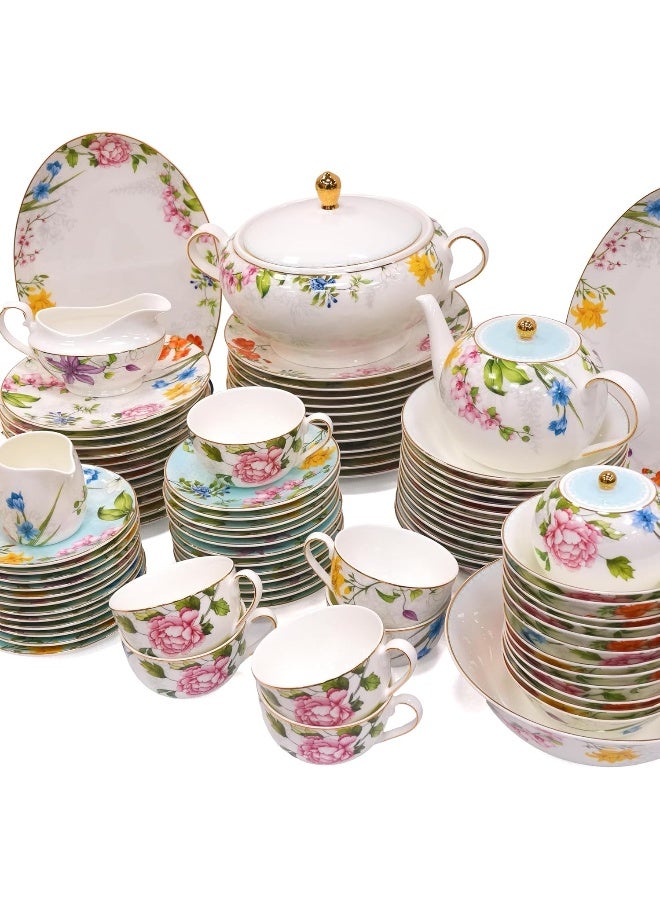 BS B&S Porcelain Round Dinnerware Set | 97PCS Premium Ceramic Tableware | Dish Set with Floral Design | Vintage Porcelain Tea & Coffee Set | Microwave & Dishwasher Safe Plates and Bowls (Felicity) - Image 1