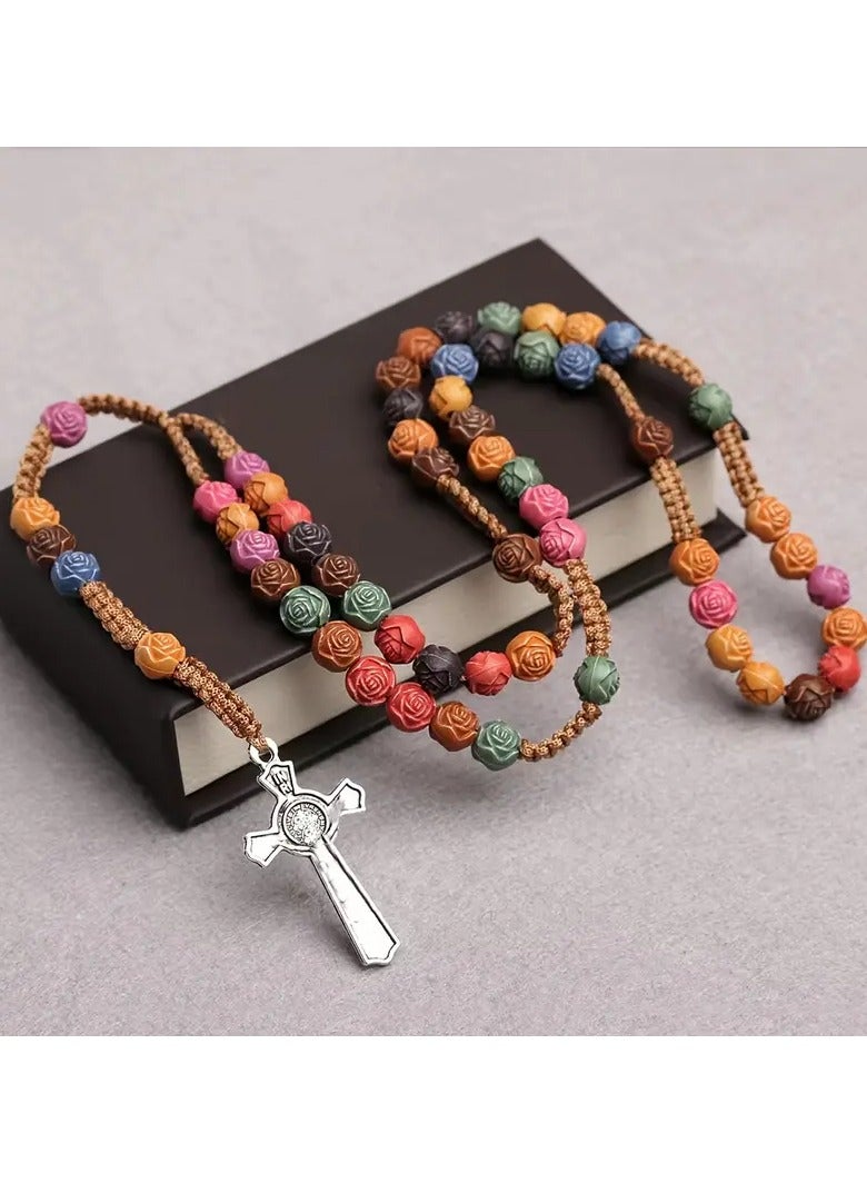 Rose Cross Colorful Prayer Beads Necklace & Hand String Bracelet – Spiritual Jewelry for Kids and Youth - catholic rosary for kids. - Image 1