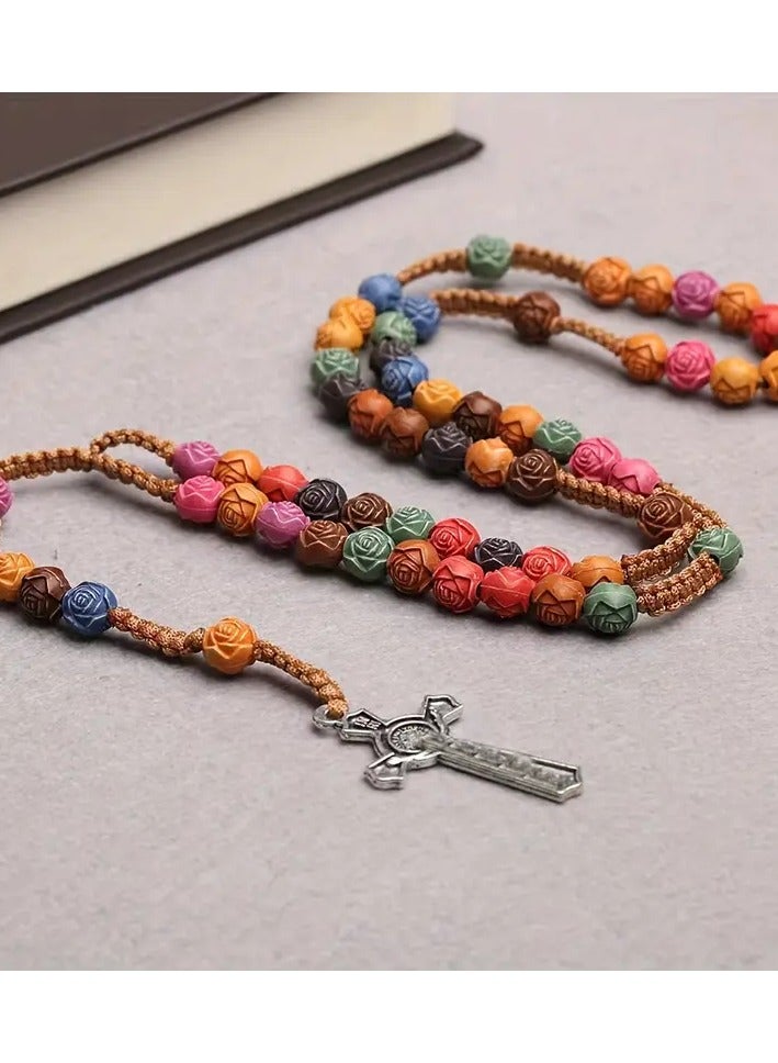 Rose Cross Colorful Prayer Beads Necklace & Hand String Bracelet – Spiritual Jewelry for Kids and Youth - catholic rosary for kids. - Image 2