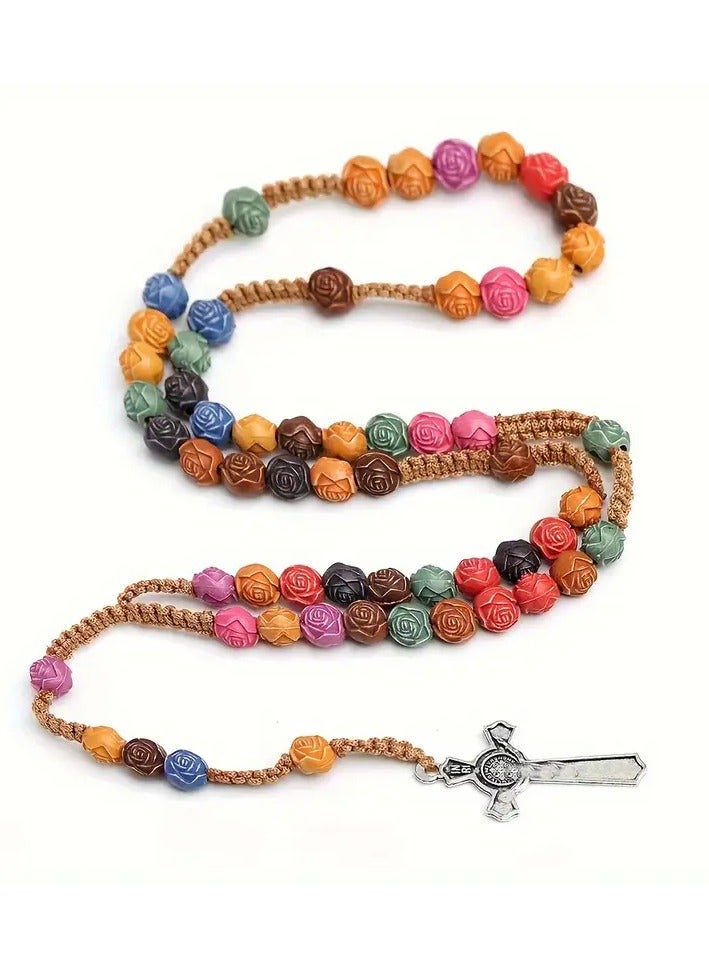Rose Cross Colorful Prayer Beads Necklace & Hand String Bracelet – Spiritual Jewelry for Kids and Youth - catholic rosary for kids. - Image 3