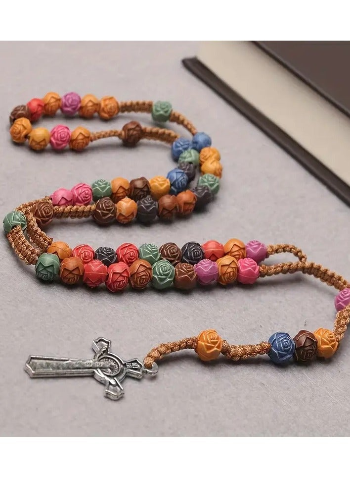 Rose Cross Colorful Prayer Beads Necklace & Hand String Bracelet – Spiritual Jewelry for Kids and Youth - catholic rosary for kids. - Image 4