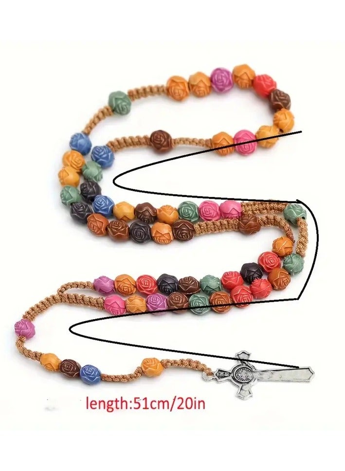 Rose Cross Colorful Prayer Beads Necklace & Hand String Bracelet – Spiritual Jewelry for Kids and Youth - catholic rosary for kids. - Image 5