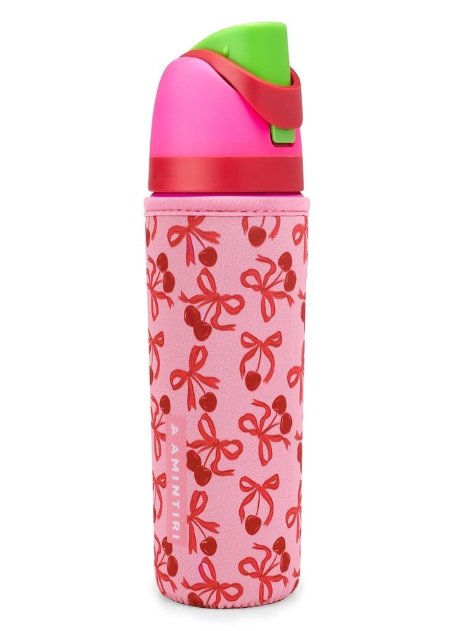 Amintiri Cute Sleeve for Owala Kids FreeSip 16oz, Thick Neoprene Cover Compatible with Owala 16oz, Water Bottle Scratch Resistant Sleeve for Boys Girls to School (Bow&Cherry, 16 Ounces) - Image 1