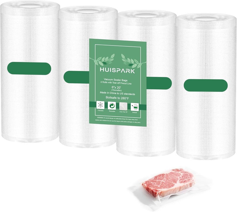 HUISPARK Pre-Cut Perforated Vacuum Sealer Bags Rolls 6x8 Inch,Heavy-Duty Vacuum Sealer Roll Bags 4 Rolls 120 Tear Off Bags,Easy-Tear Food Grade Storage Bags for Sous Vide, Freezer & Meat (BPA Free) - Image 1