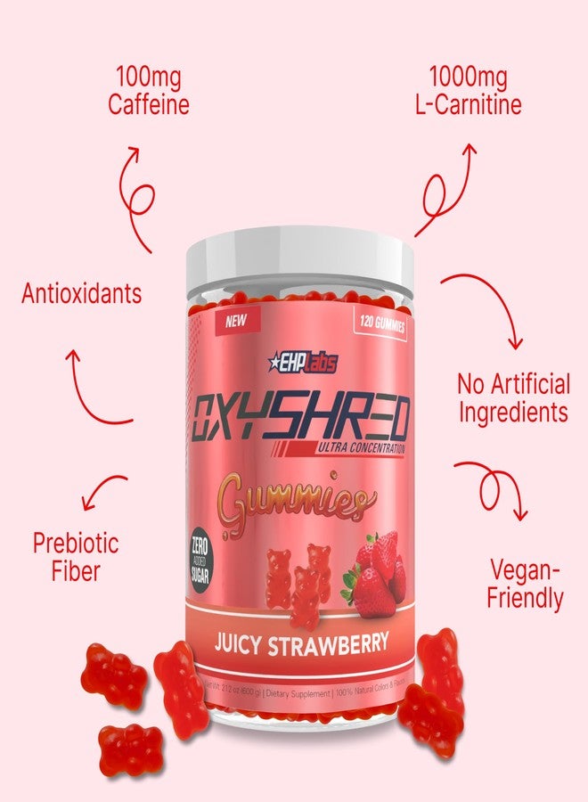 EHP Labs OxyShred Gummies - Pre Workout Gummies & Energy Chews with 100mg Caffeine, L-Carnitine for Thermo & Metabolic Support, All Natural Energy Boost - Strawberry Flavor – 60 Servings - Image 3
