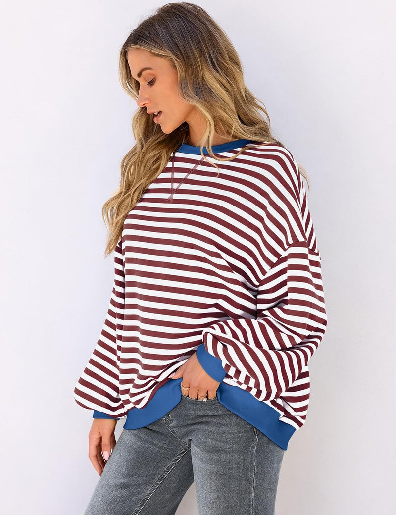 UEU Women Oversized Striped Sweatshirt Color Block Crew Neck Pullover Top Casual Fall Long Sleeve Shirt Coffee Striped Medium - Image 3