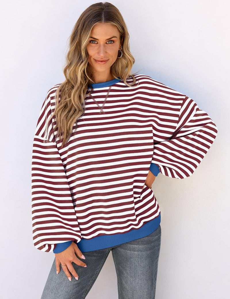 UEU Women Oversized Striped Sweatshirt Color Block Crew Neck Pullover Top Casual Fall Long Sleeve Shirt Coffee Striped Medium - Image 2