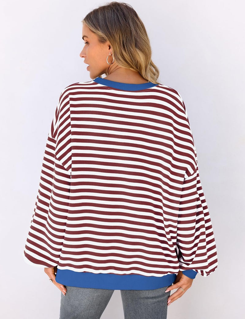 UEU Women Oversized Striped Sweatshirt Color Block Crew Neck Pullover Top Casual Fall Long Sleeve Shirt Coffee Striped Medium - Image 5