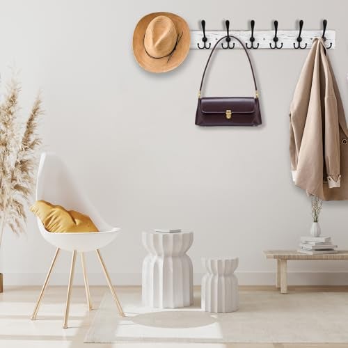 Kuhome 32.2'' Large Coat Rack Wall Mount Coat Hooks with 8 Metal Black Triple-Hooks Old White Pine Real Wood Plank Hat Rack for Wall Hooks - Image 4