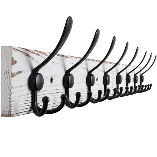 Kuhome 32.2'' Large Coat Rack Wall Mount Coat Hooks with 8 Metal Black Triple-Hooks Old White Pine Real Wood Plank Hat Rack for Wall Hooks - Image 1