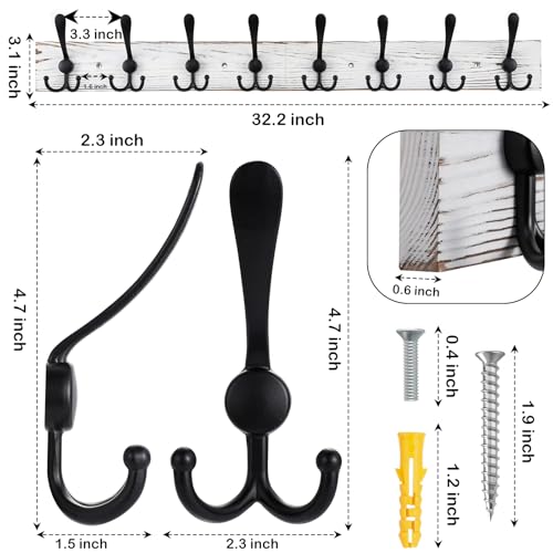 Kuhome 32.2'' Large Coat Rack Wall Mount Coat Hooks with 8 Metal Black Triple-Hooks Old White Pine Real Wood Plank Hat Rack for Wall Hooks - Image 2