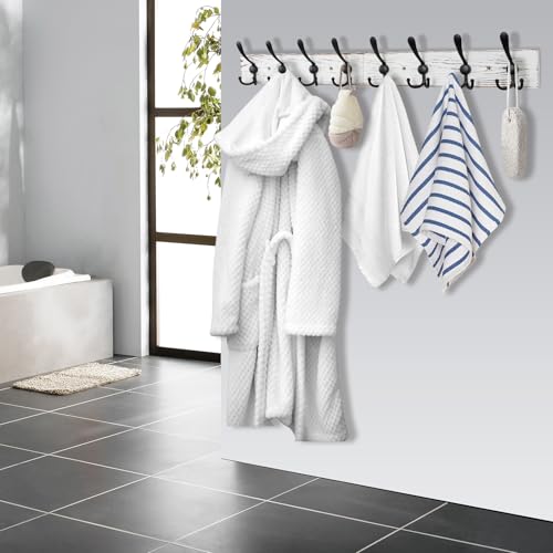 Kuhome 32.2'' Large Coat Rack Wall Mount Coat Hooks with 8 Metal Black Triple-Hooks Old White Pine Real Wood Plank Hat Rack for Wall Hooks - Image 5