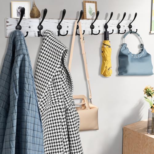 Kuhome 32.2'' Large Coat Rack Wall Mount Coat Hooks with 8 Metal Black Triple-Hooks Old White Pine Real Wood Plank Hat Rack for Wall Hooks - Image 3