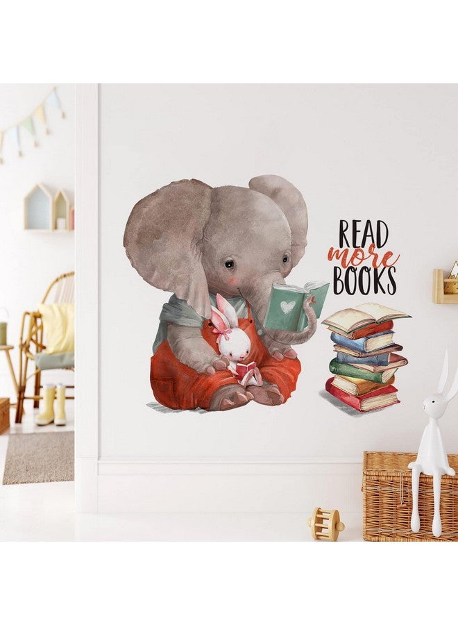 Mfault Inspirational Elephant Bunny Read More Books Wall Decals Stickers, Motivational Rabbit Animals Nursery Decorations Classroom Bedroom Art, Watercolor Neutral Toddler Kids Room Home Decor Gift - Image 1