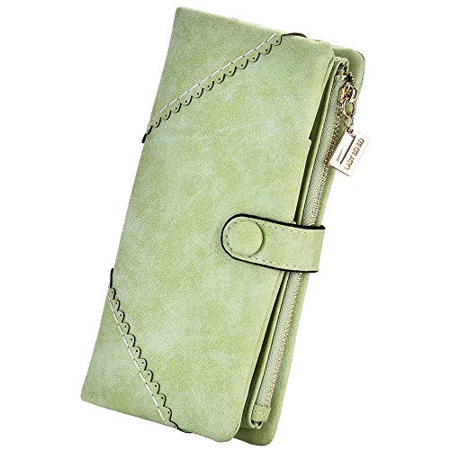 Bird&Fish Women Vegan Leather Wallet Bifold Clutch Large Capacity Card Organizer Buckle Long Purse for Girls Candy Color (Light Green) … - Image 1
