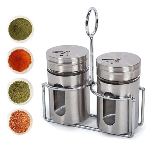 EVK® Stainless Steel Glass Salt & Pepper Shakers Set- 2 | Moisture-Proof Seasoning Shakers with Handle | Perfect Pour Holes for Kitchen Dining Table Restaurant (Pack of 1) - Image 1