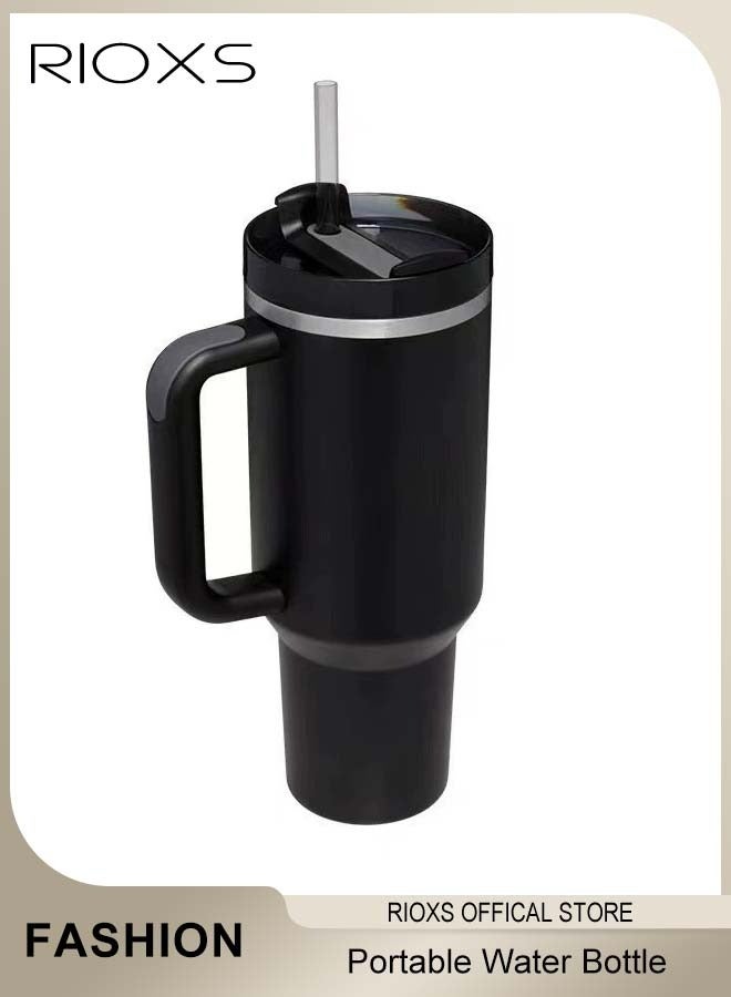 RIOXS 40oz Tumbler With Handle And Straw, Double Wall Vacuum Water Bottle, Reusable Stainless Steel Insulated Tumbler For Home/ Office/ Car/ Camping, Travel Mug Cupholder, Keep Hot/Cold For Hours, Leak Proof Cup-Black Water Bottle  - Image 1