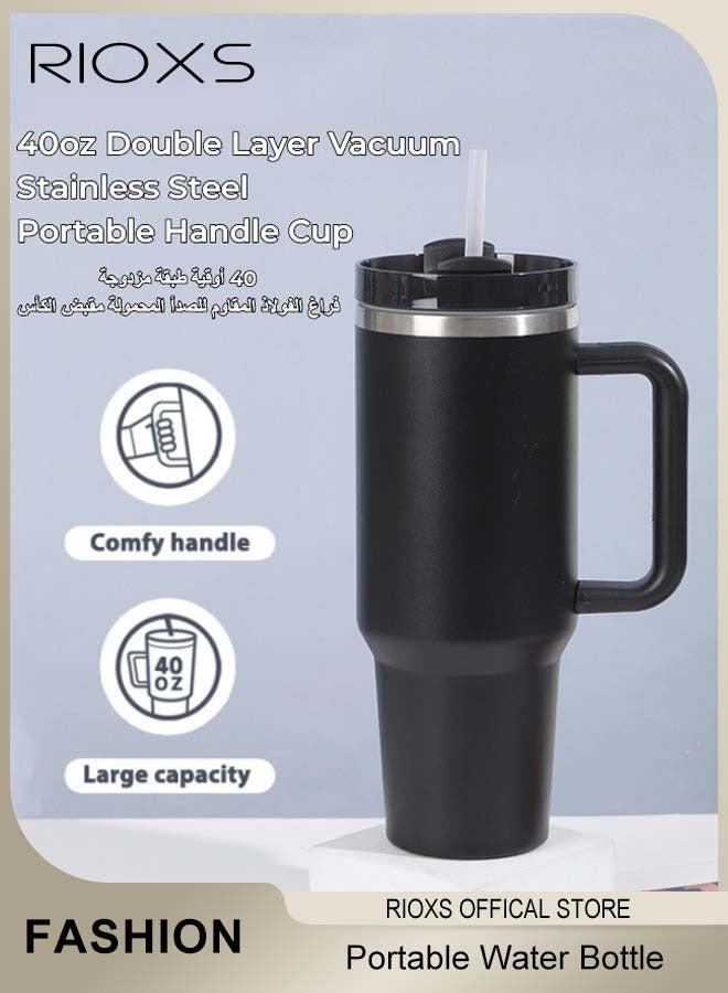 RIOXS 40oz Tumbler With Handle And Straw, Double Wall Vacuum Water Bottle, Reusable Stainless Steel Insulated Tumbler For Home/ Office/ Car/ Camping, Travel Mug Cupholder, Keep Hot/Cold For Hours, Leak Proof Cup-Black Water Bottle  - Image 2