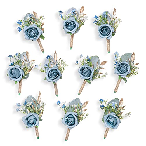 YSUCAU Rose Boutonnieres for Men Wedding Groom and Groomsmen Boutonniere for Rustic Fall Vintage Wedding Prom, Dusty Blue,Set of 10 - Image 1