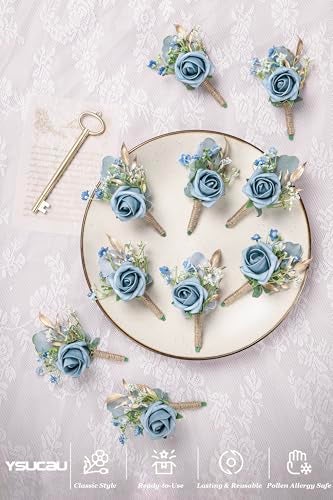 YSUCAU Rose Boutonnieres for Men Wedding Groom and Groomsmen Boutonniere for Rustic Fall Vintage Wedding Prom, Dusty Blue,Set of 10 - Image 2