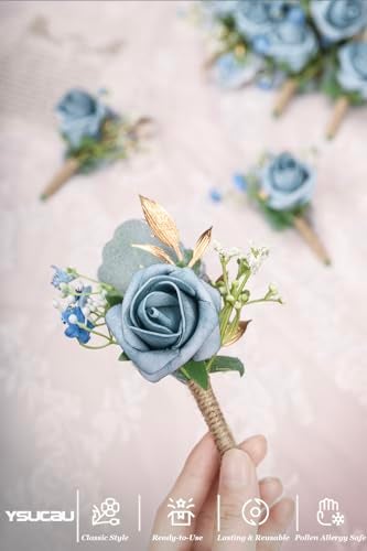 YSUCAU Rose Boutonnieres for Men Wedding Groom and Groomsmen Boutonniere for Rustic Fall Vintage Wedding Prom, Dusty Blue,Set of 10 - Image 4