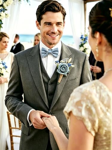 YSUCAU Rose Boutonnieres for Men Wedding Groom and Groomsmen Boutonniere for Rustic Fall Vintage Wedding Prom, Dusty Blue,Set of 10 - Image 5