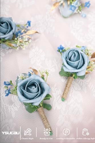 YSUCAU Rose Boutonnieres for Men Wedding Groom and Groomsmen Boutonniere for Rustic Fall Vintage Wedding Prom, Dusty Blue,Set of 10 - Image 3