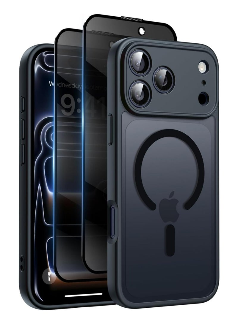 PULUZ Magnetic for iPhone 17 Pro Case, with Privacy Screen Protectors X2, [Camera Protection] [15FT Military Drop Protection] Translucent Matte Back Slim Shockproof Phone Cover, Black - Image 1