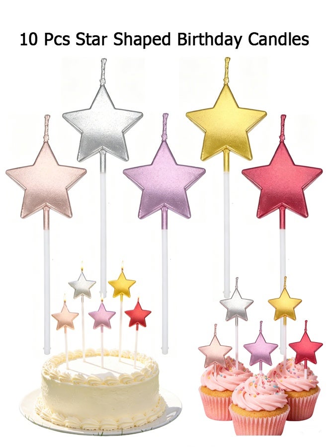 Wffo 10 Pcs Star Shaped Birthday Candles - Birthday Candles Metallic Cake Candles for Cake Topper Candles for Birthday, Anniversary, Wedding, Engagement & Romantic Celebrations | Elegant Party Decoration - 5 Colors - Image 1