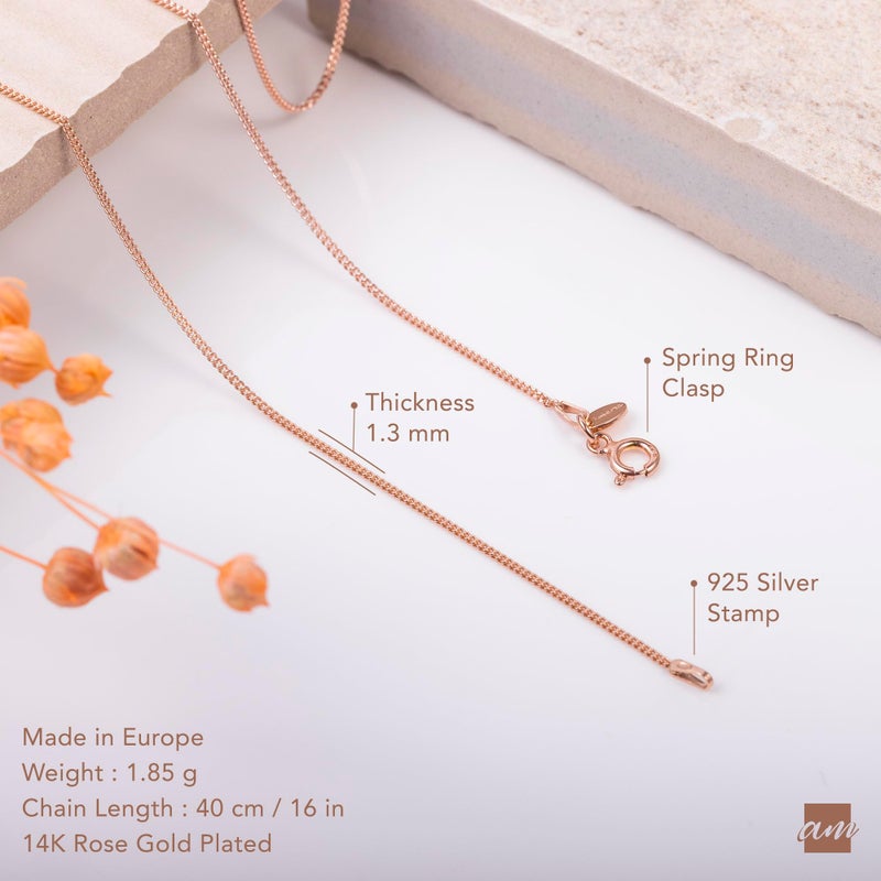 Amberta 14K Rose Gold Plated on 925 Sterling Silver 1.3 mm Curb Chain Necklace Length 16" inch / 40 cm (16) - Image 5