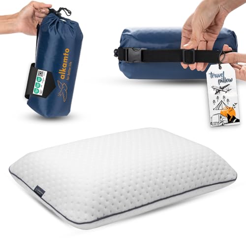 alkamto Travel & Camping Comfortable Memory Foam Pillow – Easy to Carry Portable Bag – Temperature Regulating Pillow Case (White) - Image 1