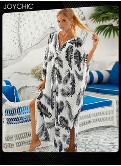 Joychic Leaf Pattern Women Summer Middle Sleeve V-Neck Loose Casual Skin-friendly Breathable Long Beach Cover Up  - Image 1