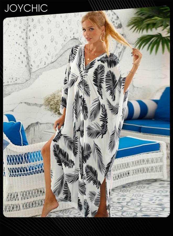 Joychic Leaf Pattern Women Summer Middle Sleeve V-Neck Loose Casual Skin-friendly Breathable Long Beach Cover Up  - Image 1