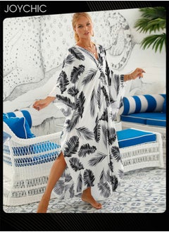 Joychic Leaf Pattern Women Summer Middle Sleeve V-Neck Loose Casual Skin-friendly Breathable Long Beach Cover Up  - Image 2