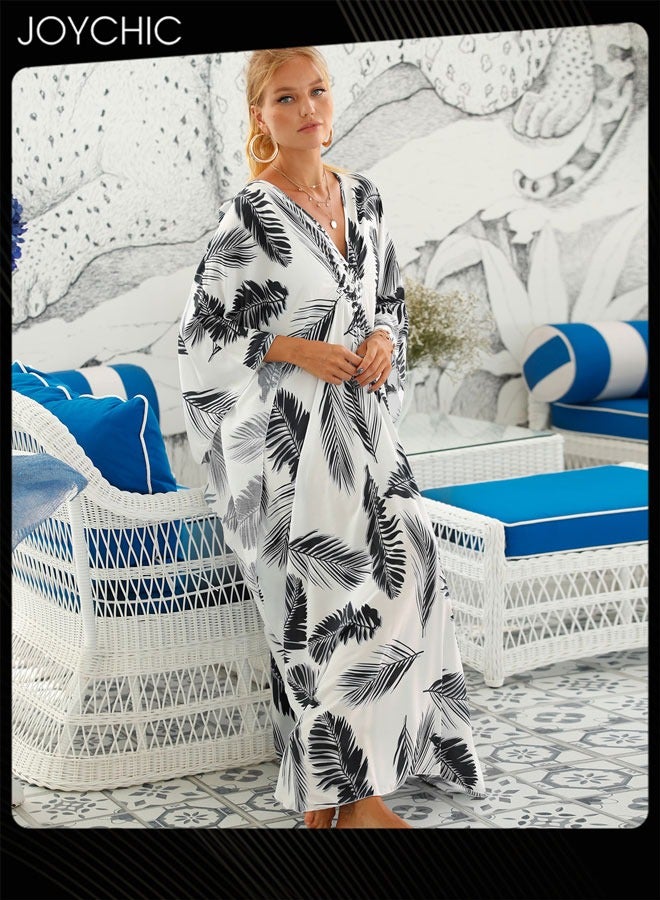 Joychic Leaf Pattern Women Summer Middle Sleeve V-Neck Loose Casual Skin-friendly Breathable Long Beach Cover Up  - Image 3