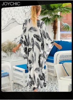 Joychic Leaf Pattern Women Summer Middle Sleeve V-Neck Loose Casual Skin-friendly Breathable Long Beach Cover Up  - Image 4