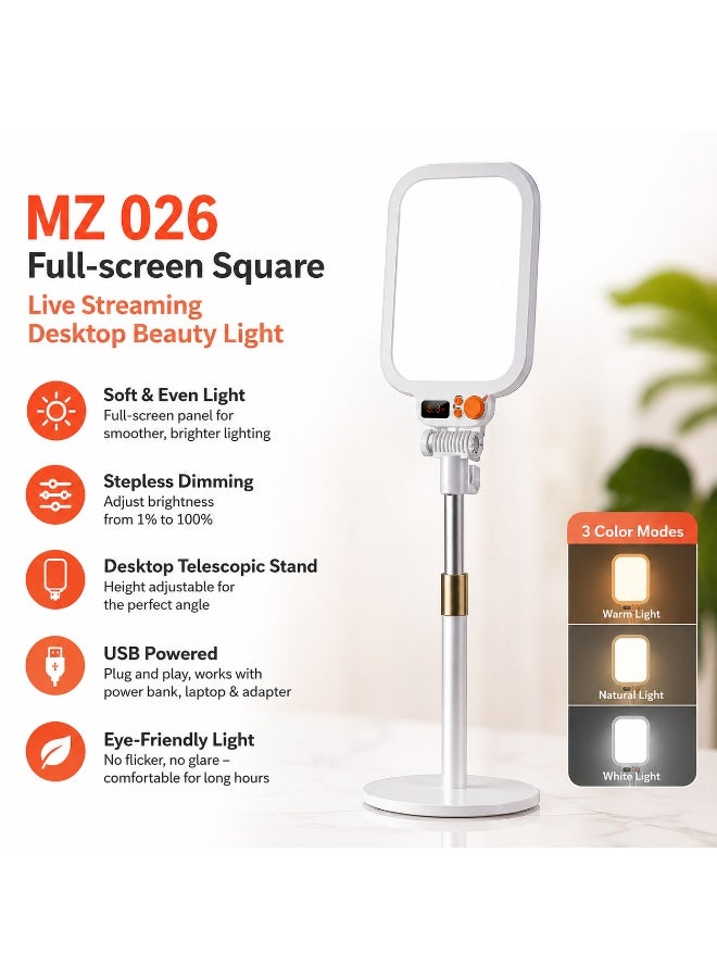 Hedge MZ026 Full Screen LED Beauty Light with Adjustable Desktop Stand Stepless Dimming Live Streaming & Photography Fill Light for Makeup, Video Recording, TikTok, YouTube & Online Meetings - Image 2