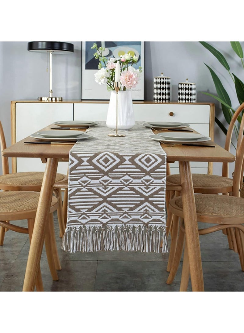 Bohemian Ethnic Scenery Table Runner Tablecloth Charm Braided Knotted Tassel Table Runner Tabletop Home Kitchen Dining Room Decor Bridal Wedding Holiday Party Decoration 35X230 Cm  - Image 1